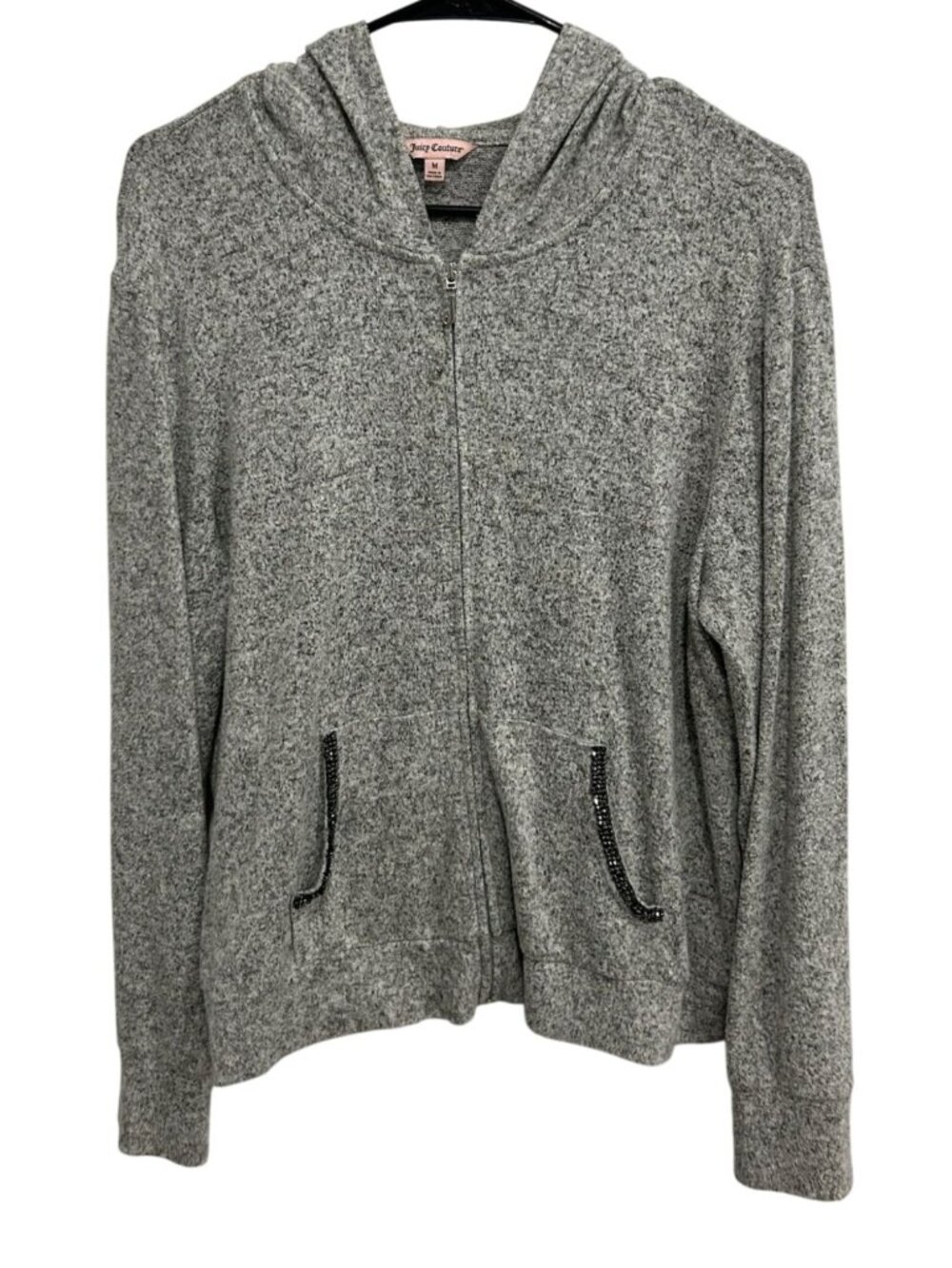 Juicy Couture Medium Gray Hooded Zip Up Cardigan Beaded Pocket Cozycore